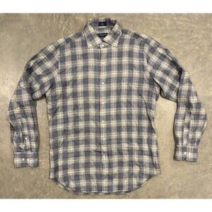 Peter Millar 100% Linen Shirt Mens Medium Blue Gold Long Sleeve Button Up Golf